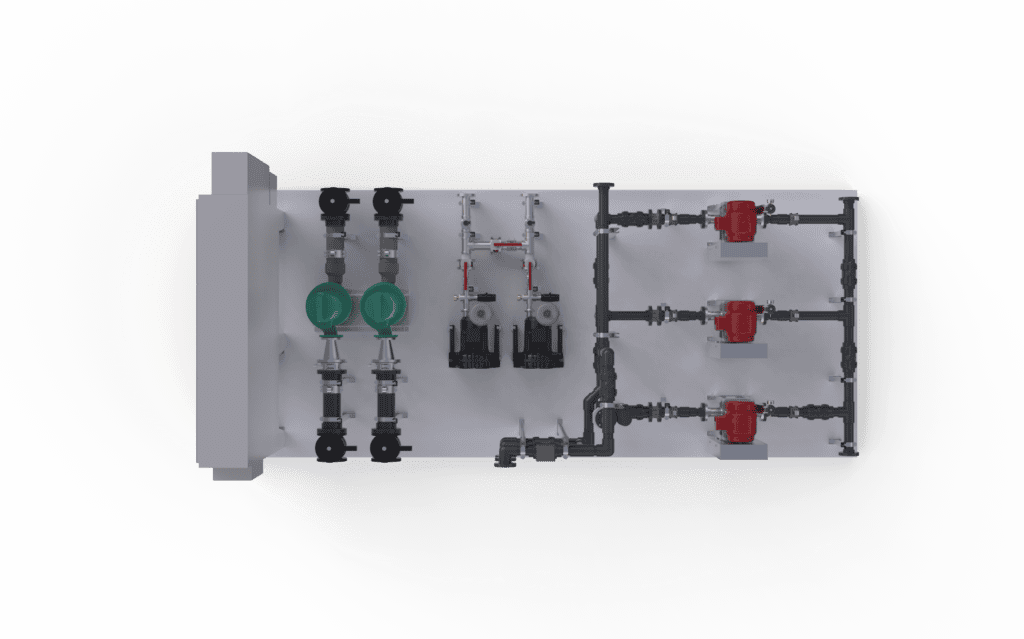 Industrial piping with valves and gauges for water treatment.