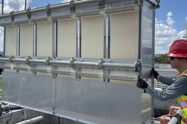 High-capacity water treatment system with filtration panels at MMBR Systems facility.